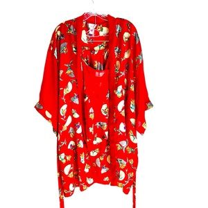 Delicates 3 Pc Red Fan Print Belted Robe and Matching 2 Pc Pajama Set Size Large